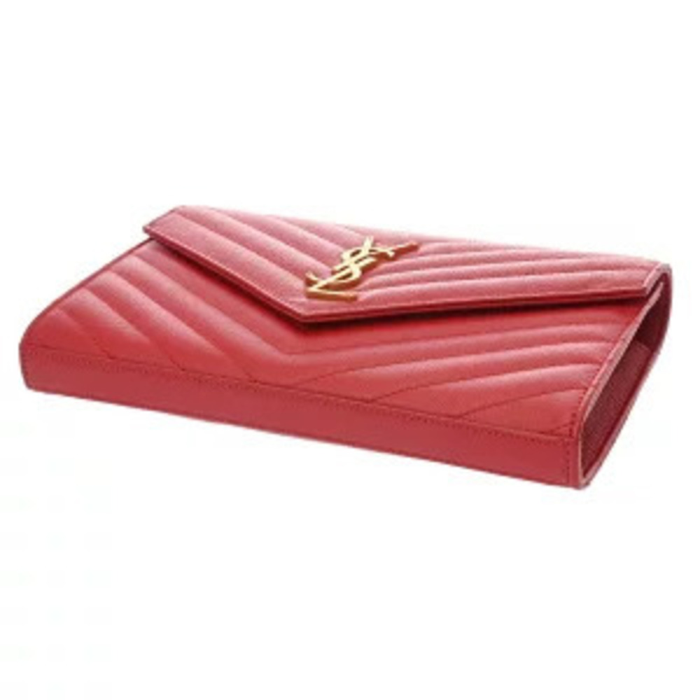 Saint Laurent Cassandra Chain Wallet Red Grained Poudre Leather Bag - Picture 4 of 9
